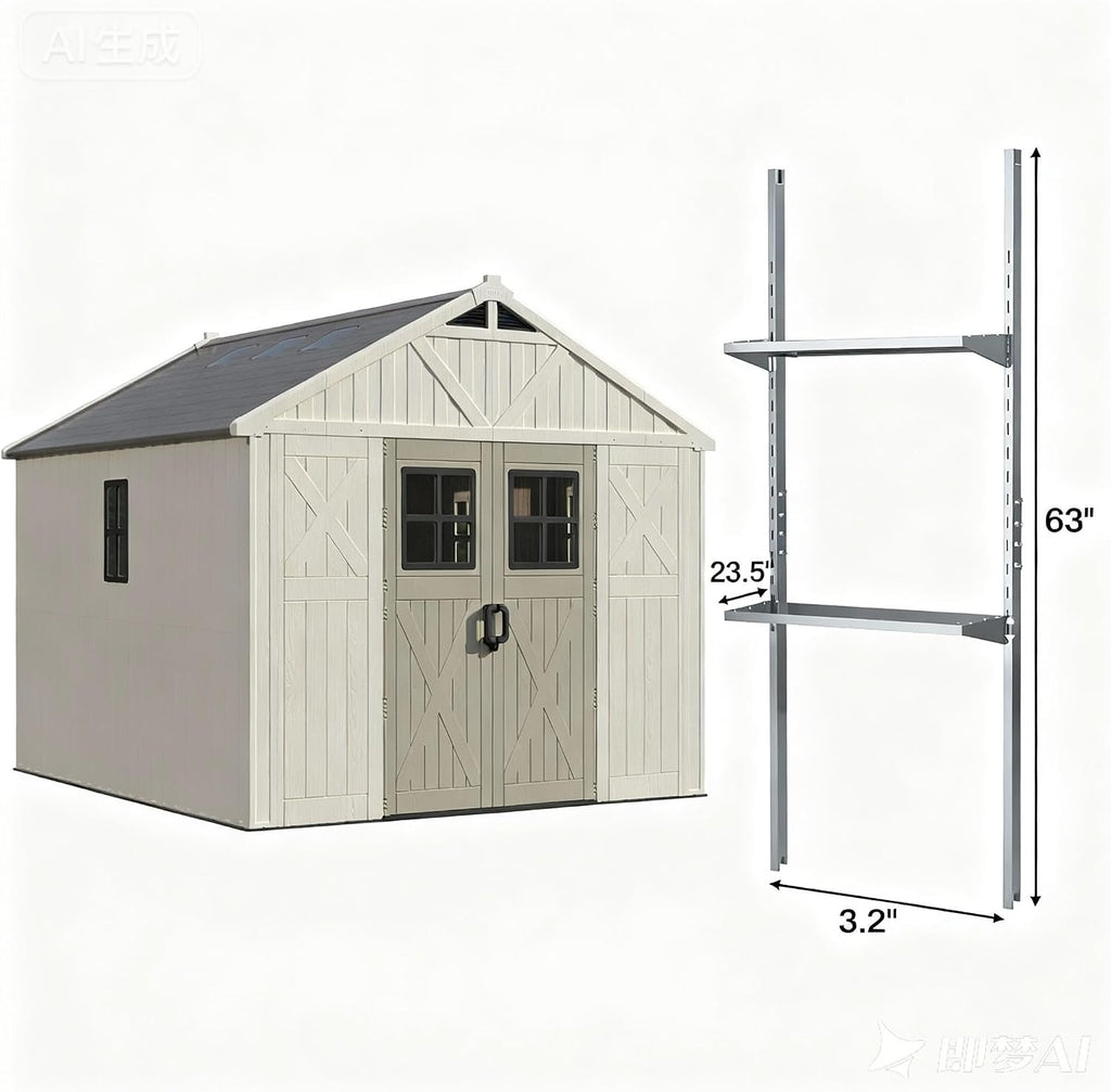 GUNJI 10x12 FT Resin Outdoor Storage Shed with 4 Metal Shed Kit-Perfect to Store Patio Furniture, Garden Tools Bike Accessories, Beach Chairs and Lawn Mower, Begie