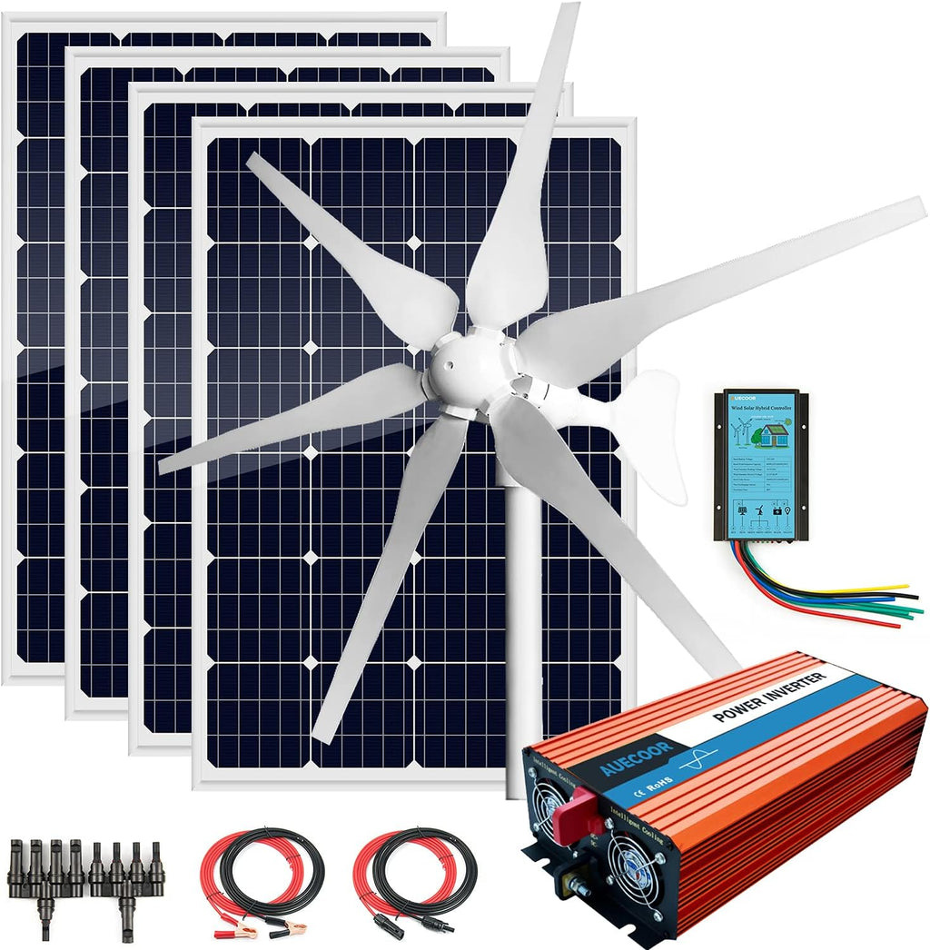 880W Solar & Wind Power Kits Home Off-Grid System for Charging 12V Battery：400W Wind Turbine Generator + 480W Rigid Mono Solar Panel + Hybrid Charge Controller+ 3000W 12V Inverter+Accessory