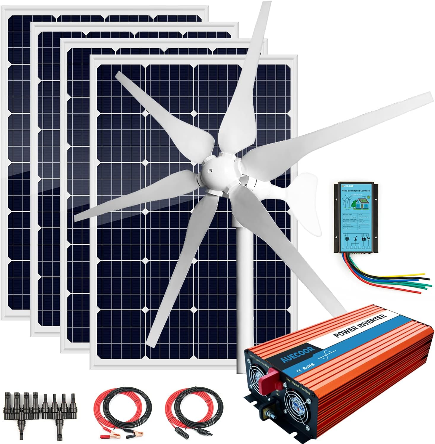 880W Solar & Wind Power Kits Home Off-Grid System for Charging 12V Battery：400W Wind Turbine Generator + 480W Rigid Mono Solar Panel + Hybrid Charge Controller+ 3000W 12V Inverter+Accessory