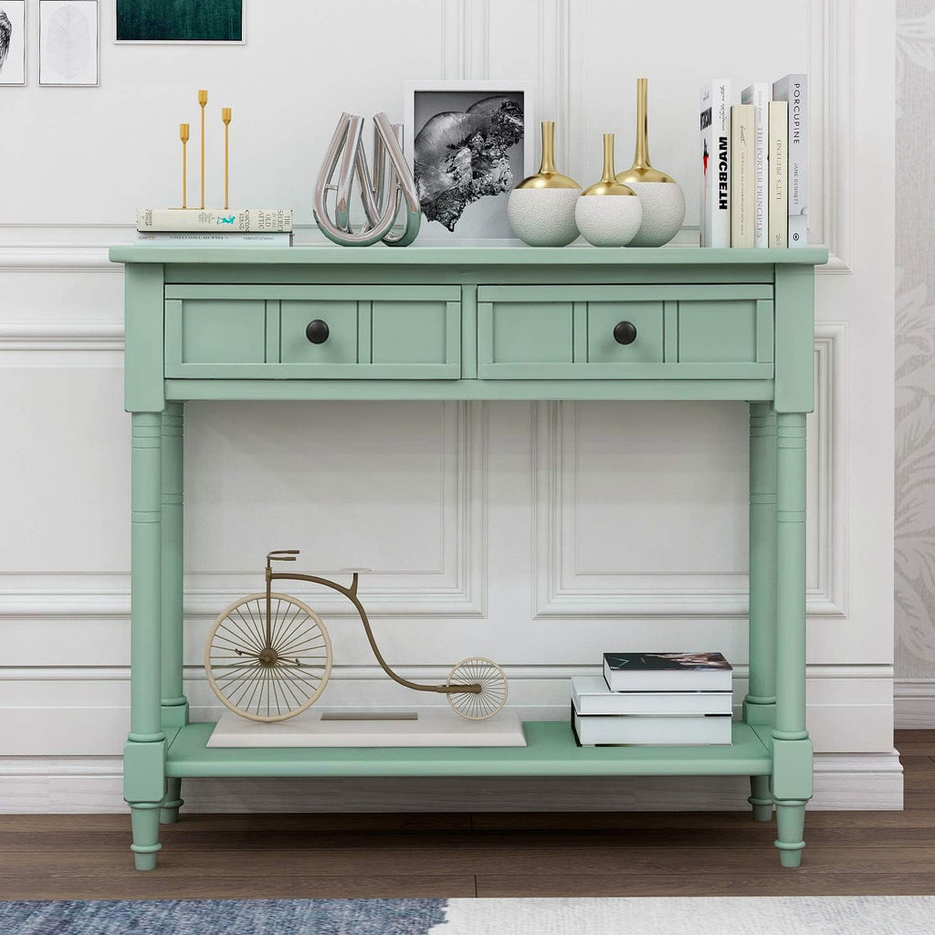 Bellemave Console Table with Drawers, Retro Entryway Table with 2 Drawers and Open Storage Shelf, Narrow Long Sofa Table, Behind Couch Table for Living Room, Foyer and Hallway, Retro Blue