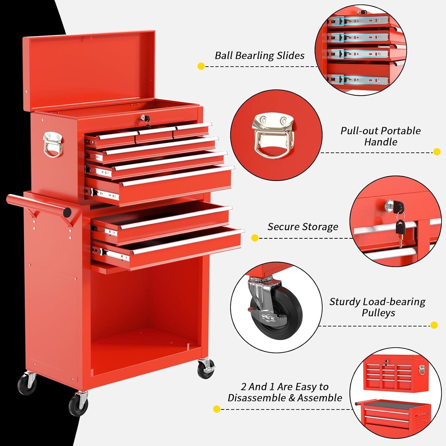 On Shine 8 Drawer Rolling Tool Chest, Large Capacity Rolling Tool Box with Wheels, Locking Mechanical Tool Chest, Portable Tool Box with Sliding Drawers for Garage Workshop and Tool Room (Red)