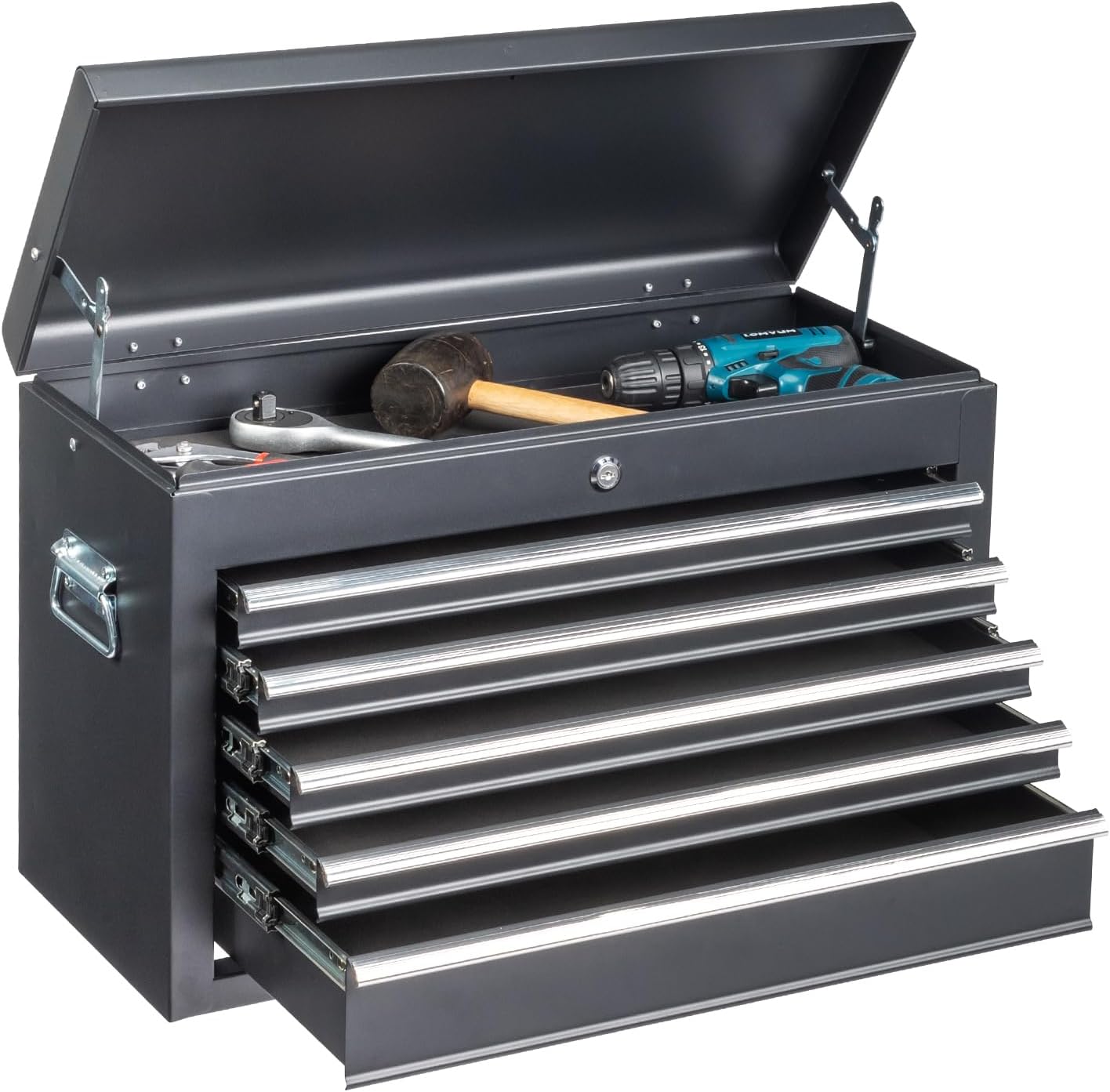 Winado 24' Portable Metal Tool Box, 5 Drawers Toolbox with Top Storage Tray, Carry Handle, Ball Bearing Runners, Lockable Tool Chest Cabinet for Garage, Warehouse, Repair Shop & Home, Black