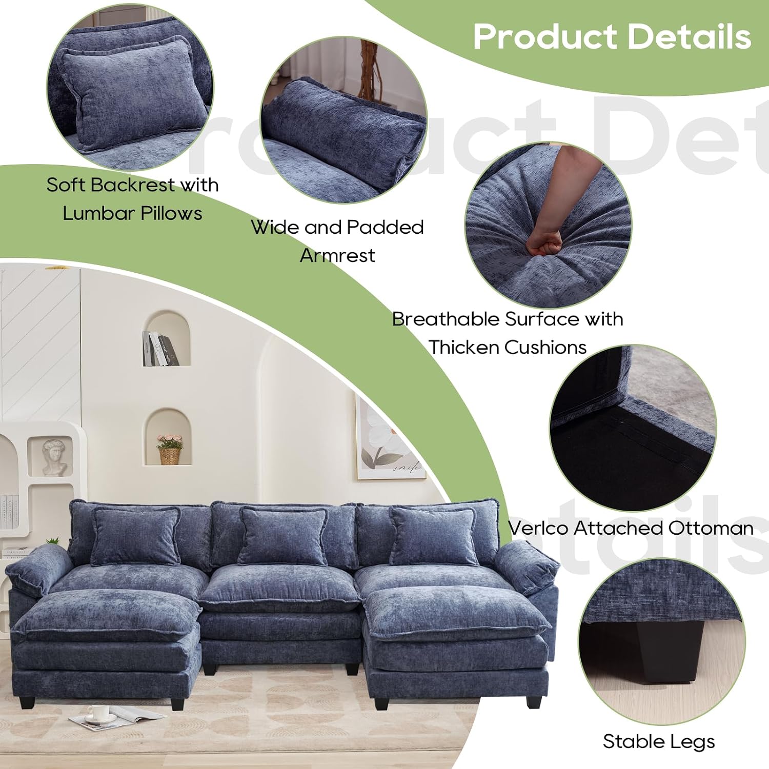 Oprisen 120' Modular Sectional Sofa, Comfy Cloud Couch Sectional Sofa with Ottoman, Chenille Sofa Sleeper Deep Seat Sofa with Throw Pillows for Living Room (Blue, 120'- U Shape)