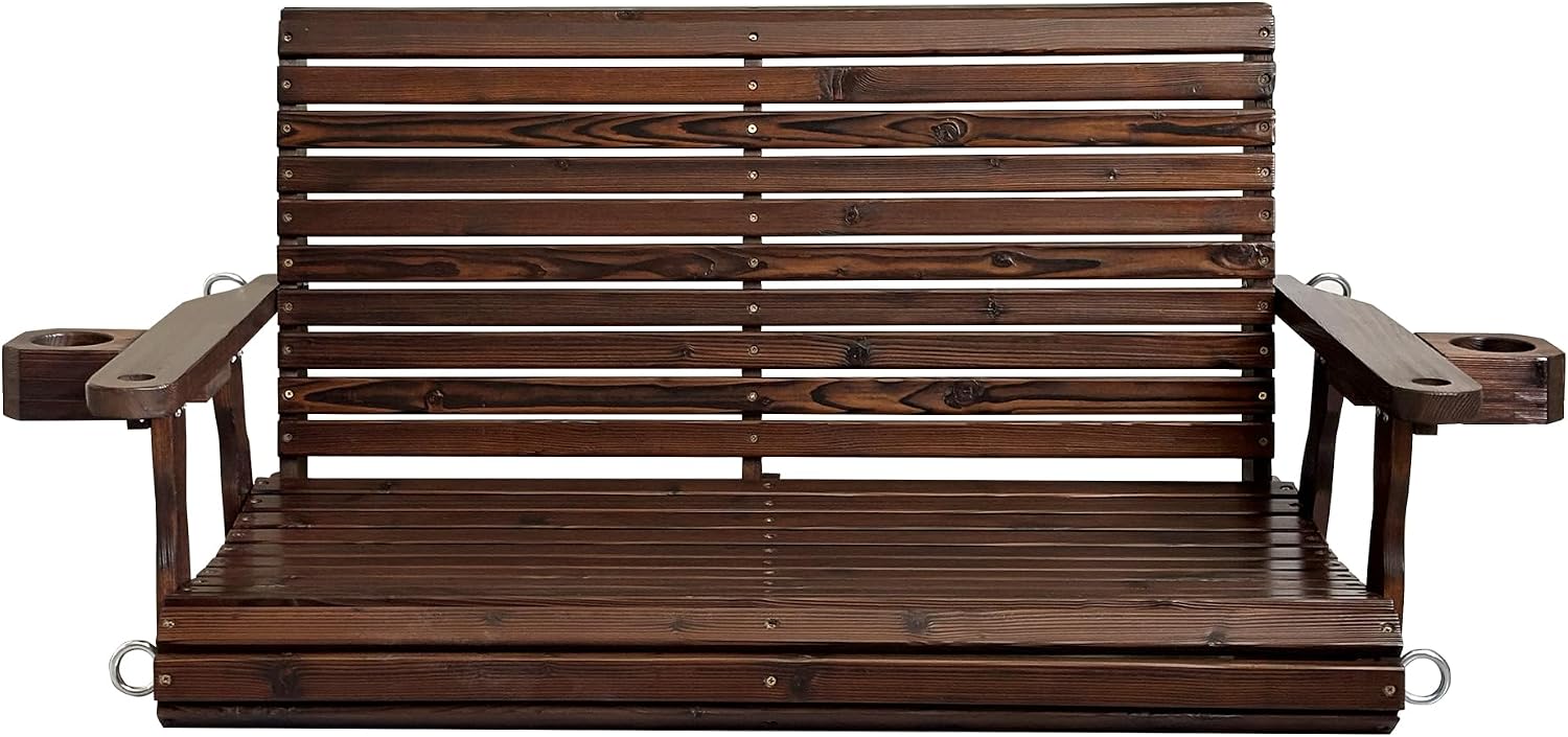Wooden Porch Swing 2-Seater, High Backrest and Deep Seat, Bench Swing with Cupholders, Hanging Chains and 7mm Springs, Heavy Duty 880 LBS, for Outdoor Patio Garden (Deep Brown, 4 FT Extra Large)