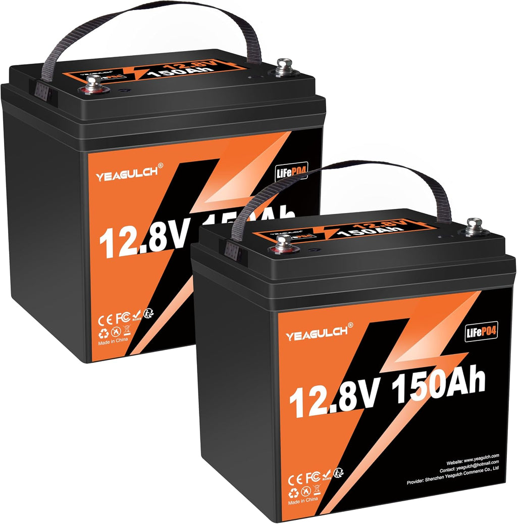 2PCS 12.8V 150Ah Max LiFePO4 Lithium Battery Built-in 100A BMS 1905Wh Energy 15000+ Rechargeable Deep Cycle Lithium Iron Phosphate Battery for RV, Marine, Solar, Backup Power