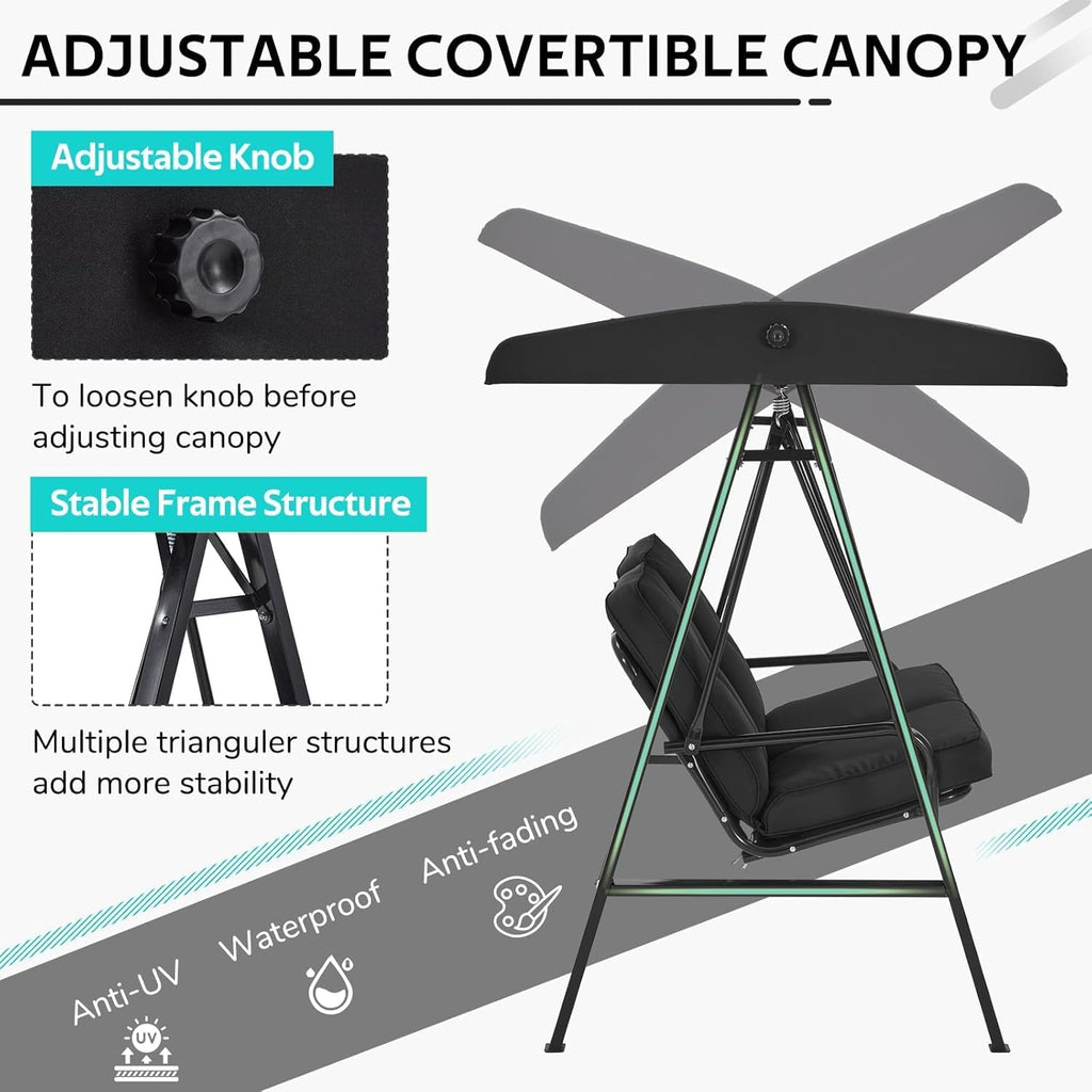 AECOJOY 2-Seat Outdoor Patio Swing Chair with Adjustable Canopy, Porch Swings Chairs for Adult, Outside Swing Bench with Removable Cushion, Suitable for Backyard, Garden, Yard, Poolside, Balcon, Black