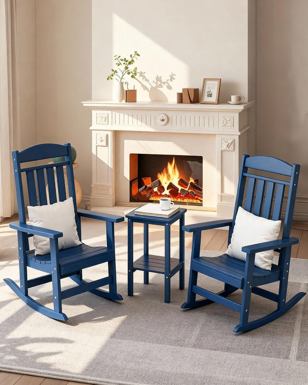 NAVINE 3-Piece Outdoor Rocking Chair Set, Oversized Porch Rocking Chair Set of 2 with Side Table, HDPE High Back Patio Rocking Chair, Suitable for Patio, Porch, Backyard, Navy Blue