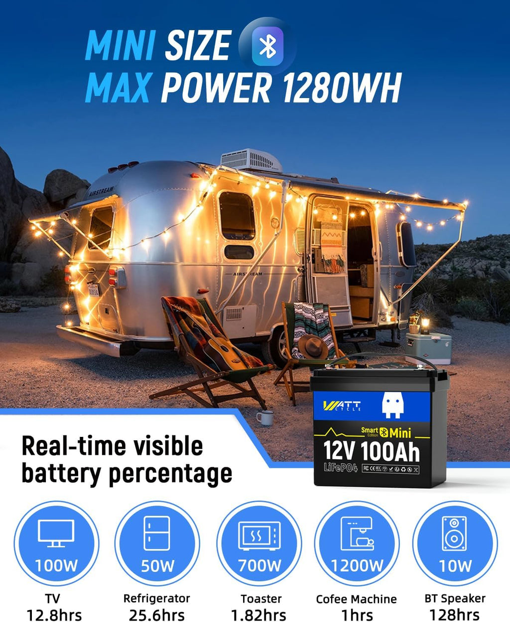 12V 100Ah LiFePO4 Lithium Battery with Bluetooth, BCI Group 24, 12V Mini Batterys 100A Smart BMS, Support Monitoring Battery via Phone Bluetooth, Up to 15000 Cycles for Trailer RV, Motor Home, Marine