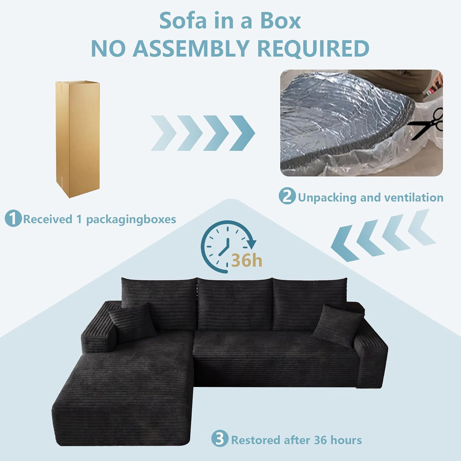 95' Cloud Sectional Couch with L-Shape Chaise, Modern Corduroy Boneless Couch for Living Room,Memory Foam Sofa with Deep Seat,No Assembly Required (Black,Left-Facing Chaise)
