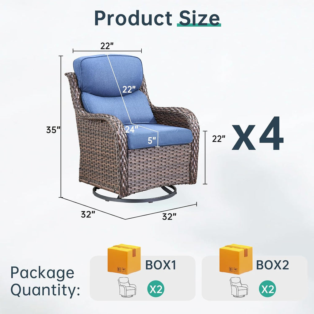 Outdoor Swivel Rocker Patio Chairs Set of 4-5' Thick Cushion 4 Piece Furniture Set All Weather Comfortable Wicker Conversation Set for Porch Poolside and Deck - Brown/Blue