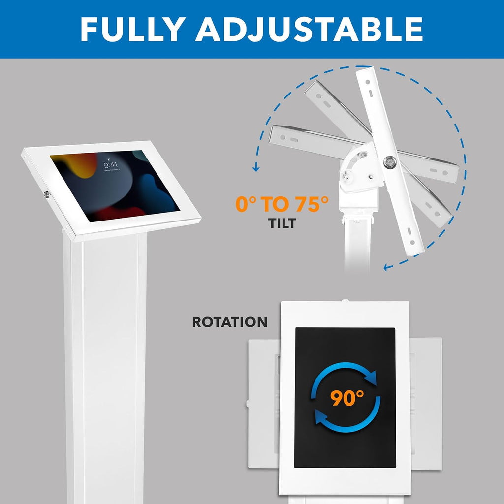 Mount-It! Anti-Theft iPad Floor Stand Kiosk, Locking Tablet Floor Stand for iPad Gen 7–11 & A16, Air & Pro (10.2'–11'), Commercial Kiosk for Retail, Lobby & Trade Show, White