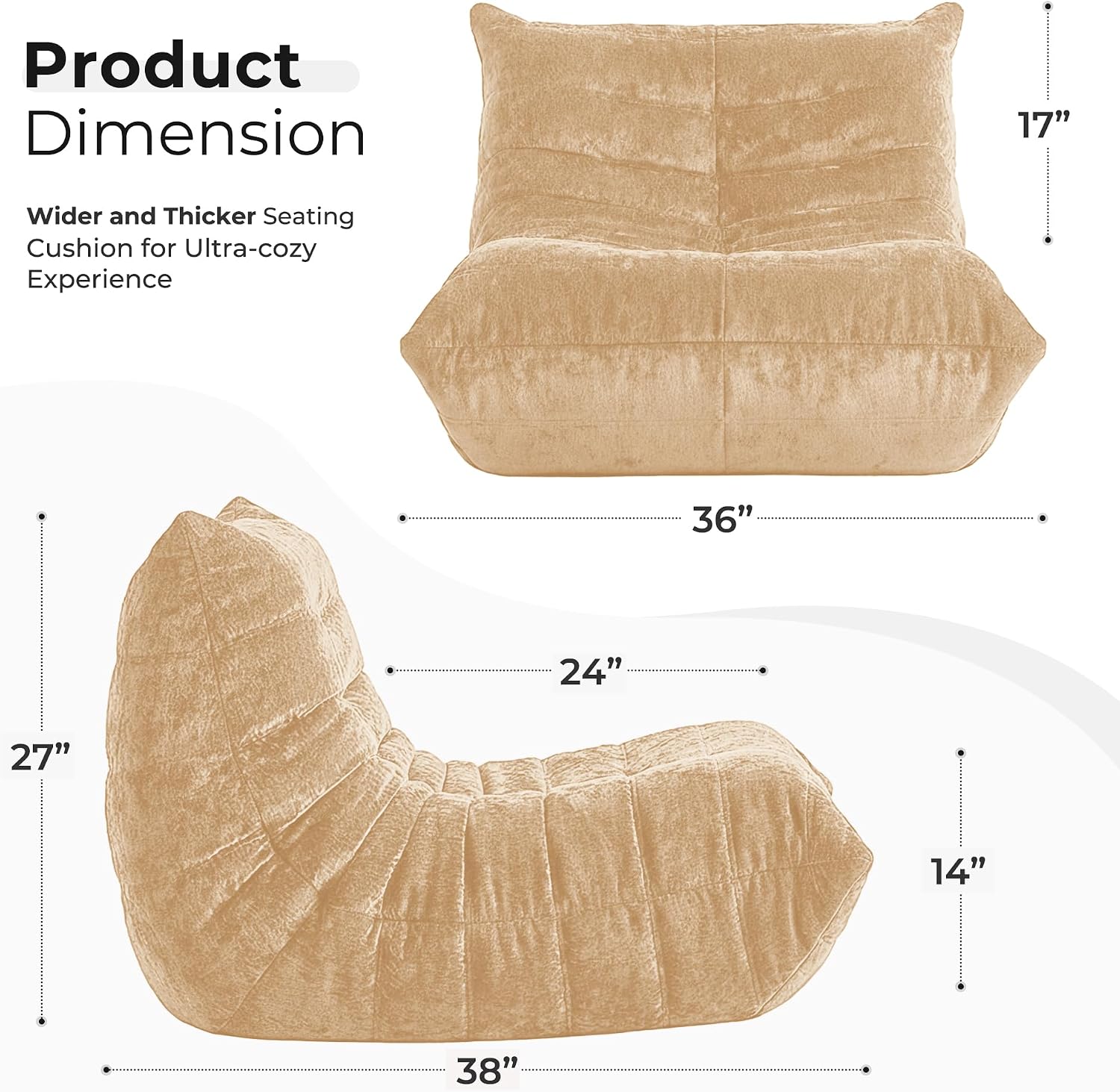 HABUTWAY Bean Bag Chair, Giant Bean Bag Chairs for Adults, Bean Bag Sofa with Filler Faux Fur, Memory Foam Bean Bag Couches Fireside Lazy Sofa for Living Room, Bedroom, Office (Khaki)