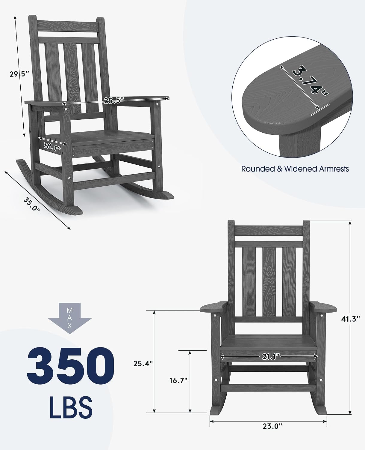 KINGYES Oversized Outdoor Rocking Chair Set of 6, All-Weather Patio Rocking Chairs for Porch, HDPE Outdoor Patio Rockers with High Back & Wide Seat for Garden, Lawn, Gray