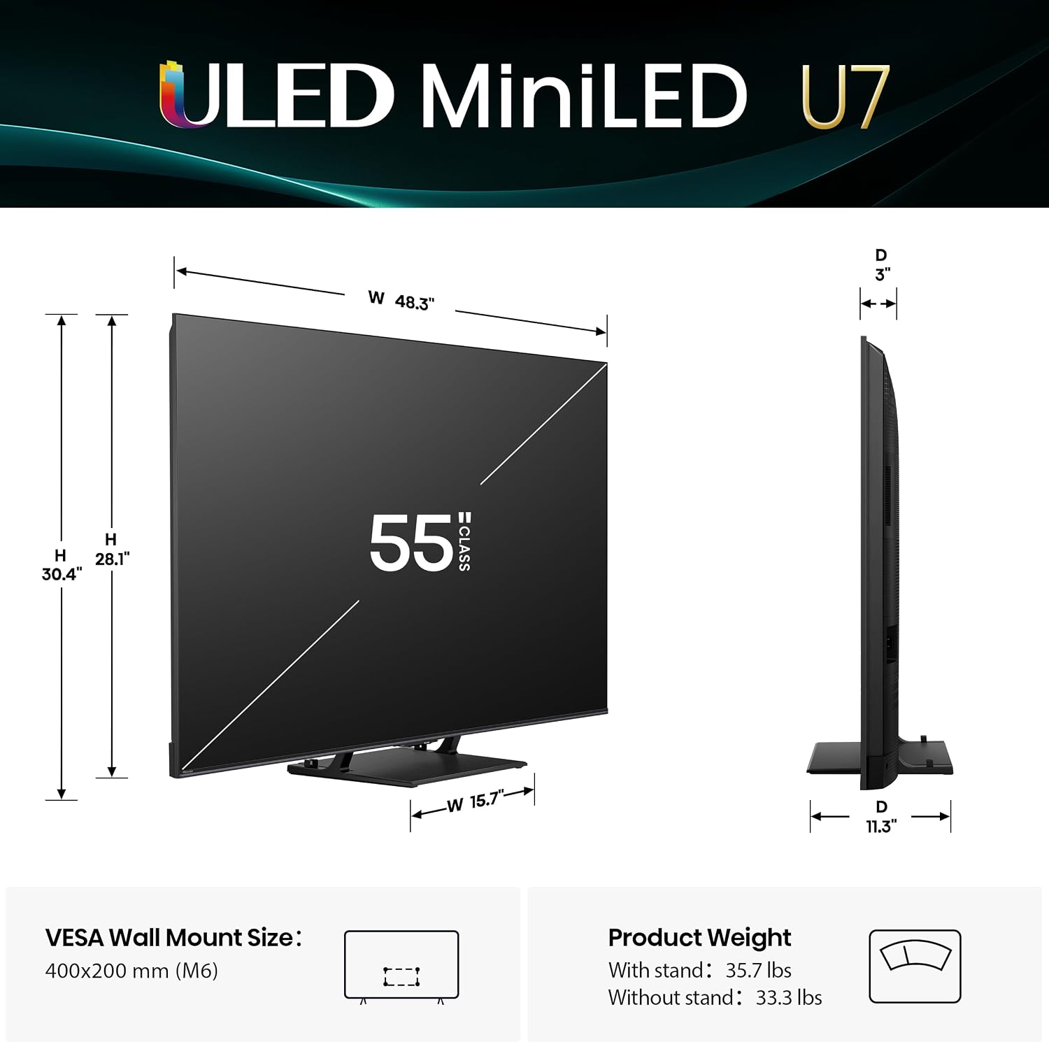 Hisense 55' U7 Mini-LED ULED 4K UHD Best Premium Gaming Google Smart TV (55U75QG, 2025 Model) - QLED, Native 165Hz, VRR 288, Up to 3000 Nits, HDR10+, Dolby Vision IQ · Atmos, IMAX Enhanced, 2.1.2 Ch