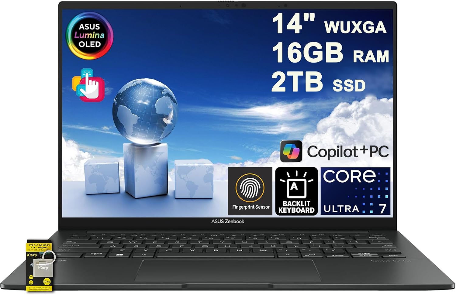 ASUS Zenbook 14 Laptop 14' WUXGA OLED Touch (500nits HDR, 100% DCI-P3) Intel 16-core Ultra 7 255H (>Ultra 9 185H) 16GB RAM 2TB SSD Backlit for Designer Business Professional Win11 ICP Hub