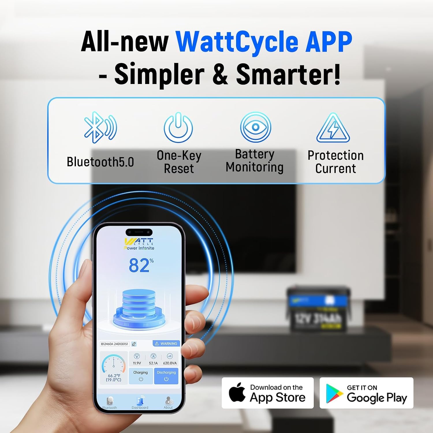 WattCycle 12V 314Ah Mini LiFePO4 Lithium Battery with Bluetooth 5.0, 200A BMS, 4.01kWh Energy, Low-Temp Protection, 10+ Years Lifespan, for RV, Marine, Camping, Solar Off-Grid