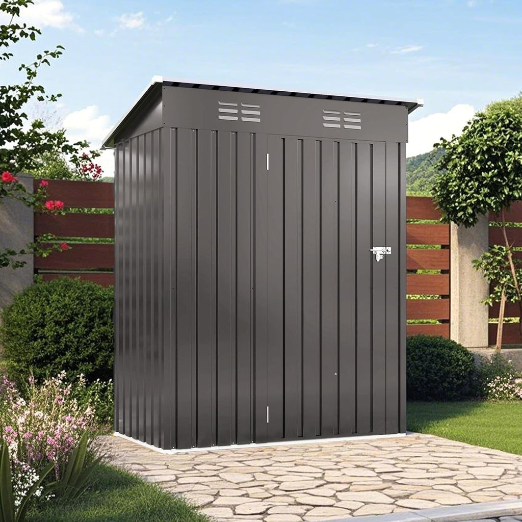 Outdoor Storage Shed 5 x 3 FT Metal Tool Shed with Pitched Roof, Compact Metal Garden Shed Anti-Corrosion Storage House with Lockable Door for Backyard, Patio, Sundries, Gray (Pitched roof)