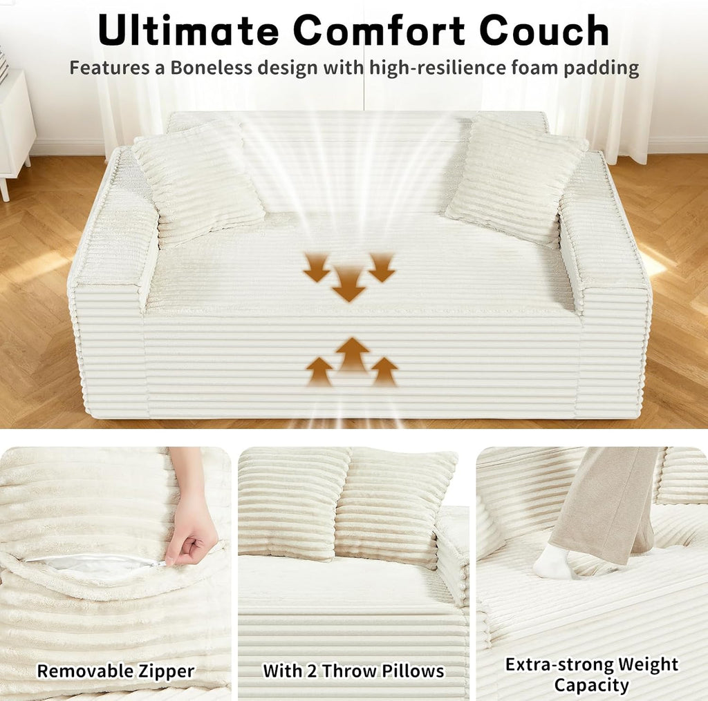 3 Seater Sofa Couch for Living Room (Beige, 38' D + 2 Pillows)