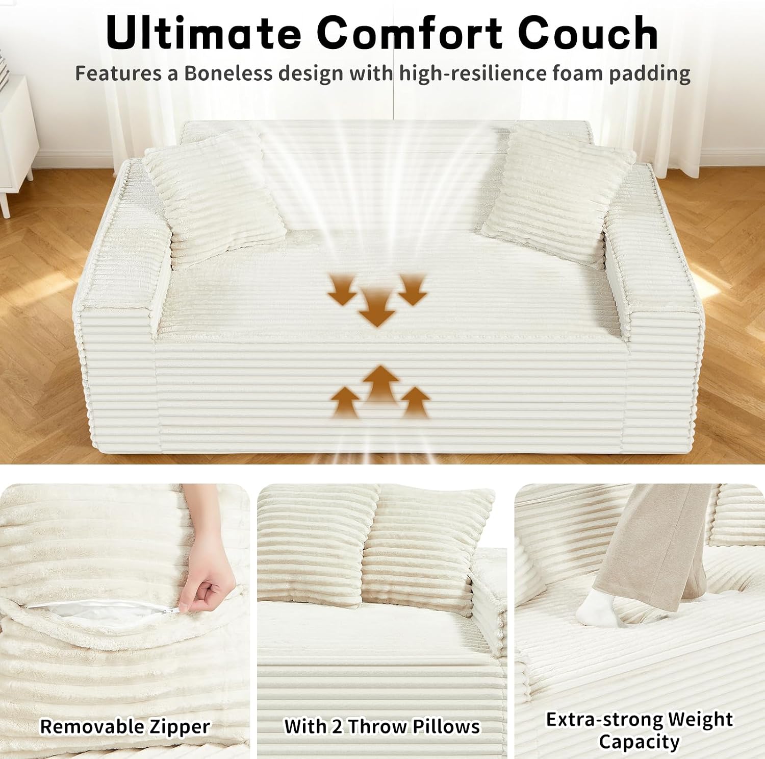 3 Seater Sofa Couch for Living Room (Beige, 38' D + 2 Pillows)