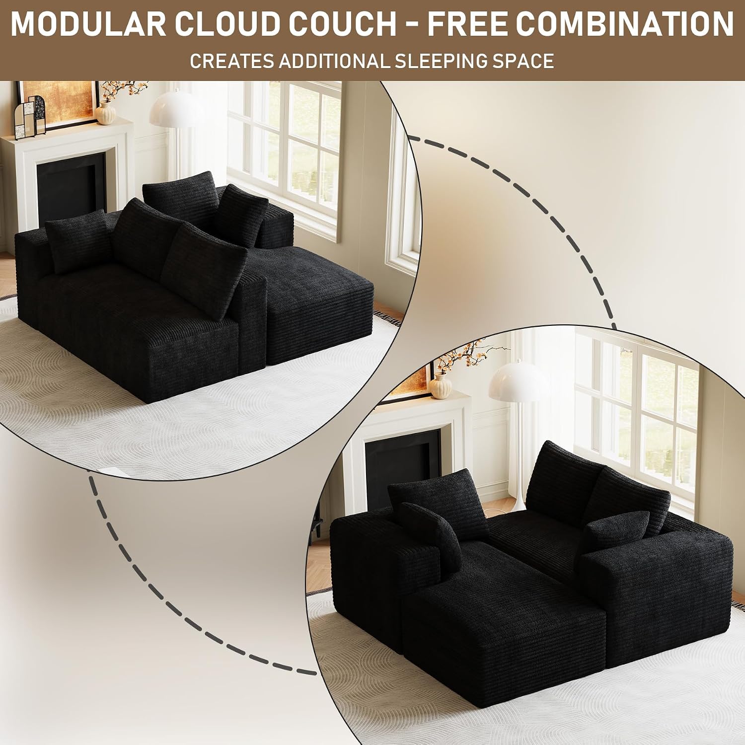 107' L-Shaped Boneless Sectional Couches for Living Room, Comfy Corduroy Fluffy Cloud Couch, Deep Seat Memory Foam Plush Modular Sectional Sofa with Left-Facing Chaise, No Assembly, Black