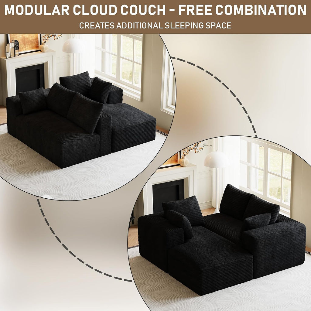 107' L-Shaped Boneless Sectional Couches for Living Room, Comfy Corduroy Fluffy Cloud Couch, Deep Seat Memory Foam Plush Modular Sectional Sofa with Right-Facing Chaise, No Assembly, Black