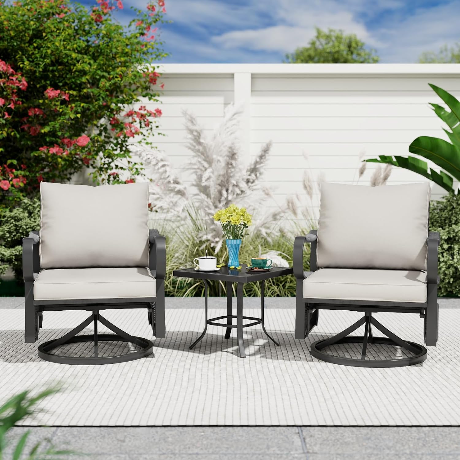 3 Piece Patio Furniture Set, Rope Woven Outdoor Conversation Set with High Back Metal Swivel Chairs and Coffee Table, Thick Cushions for Garden, Porch, Beige