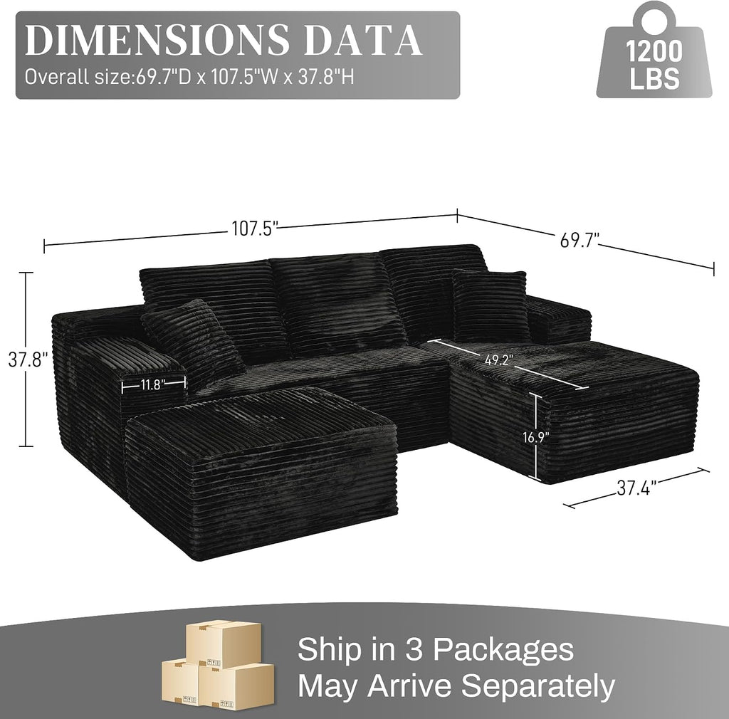 108' Boneless Couches for Living Room, U Shaped Comfy Cloud Modular Sectional Memory Foam Deep Seat Boneless Couch, No Assembly Required Sofa for Living Room with Right Facing Chaise & Ottoman, Black