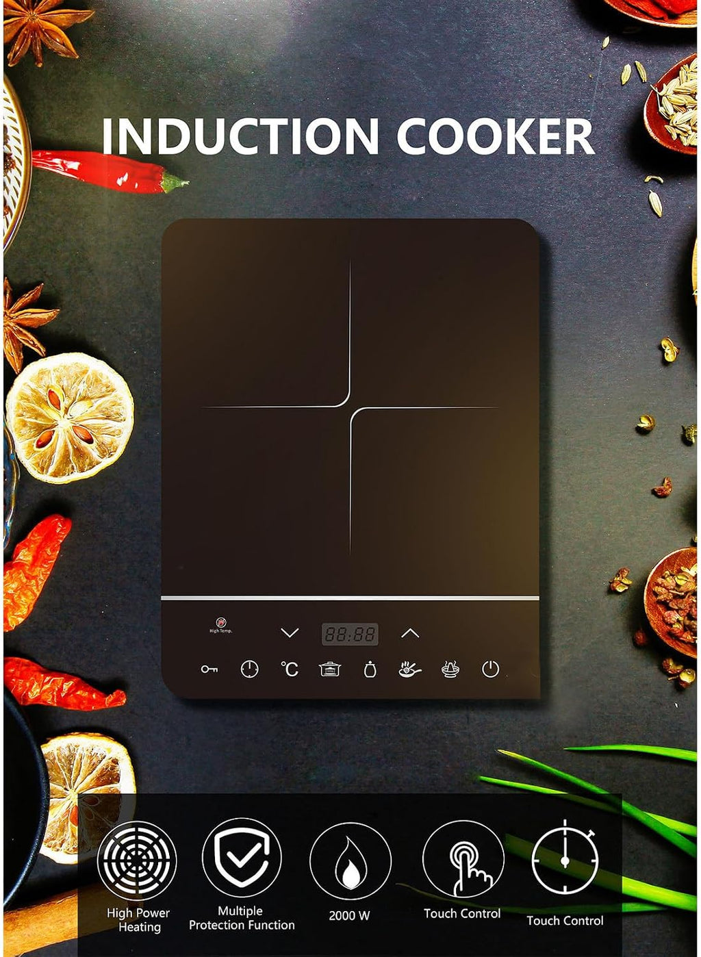 1800W High Power Induction Cooktop 9-Speed Safety Lock Intelligent Touch Control Heating Plate 3H Timer Portable Induction Cooktop