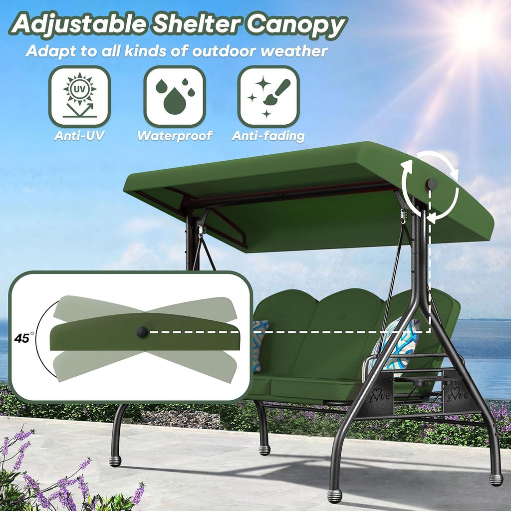 ZZW 3 Seat Outdoor Porch Patio Swing with Stand 800lbs 2-in-1 Convertible Swing Bed with Adjustable Canopy & Removable Cushion for Yard Garden Deck (Green, Round Tube)