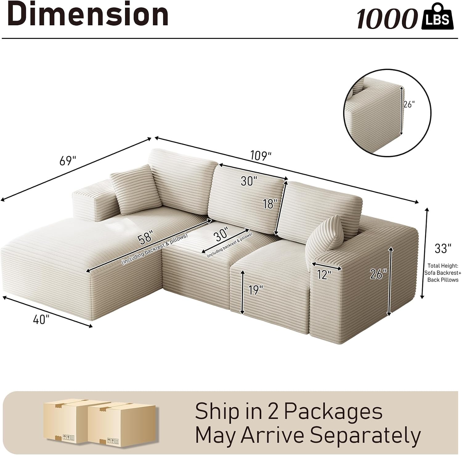 109' L-Shaped Boneless Cloud Sectional Couches, Comfy Corduroy Fluffy Modular Sectional Sofa with Left-Facing Chaise, Deep Seat Memory Foam Plush Couch for Living Room, Small Spaces, Beige White