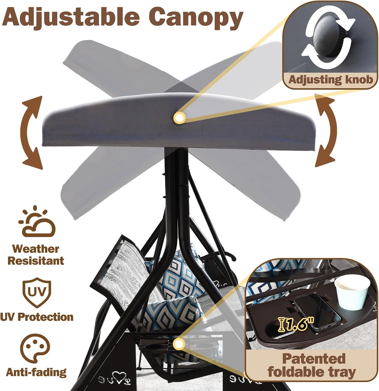 ZZW 3 Person Patio Swing Outdoor Swing for Adults with Adjustable Canopy &Upgraded Cup Holders Textilene Fabric Porch Swing Chair with Stand Heavy Duty 800 LBS