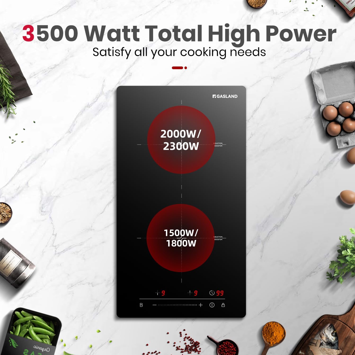 GASLAND 12 Inch Induction Cooktop 2 Burner, 3500W Built-in Induction Stovetop with Booster and Timer, 240V Electric Stove, 9 Power Levels, Slide Touch Control, Child Safety Lock