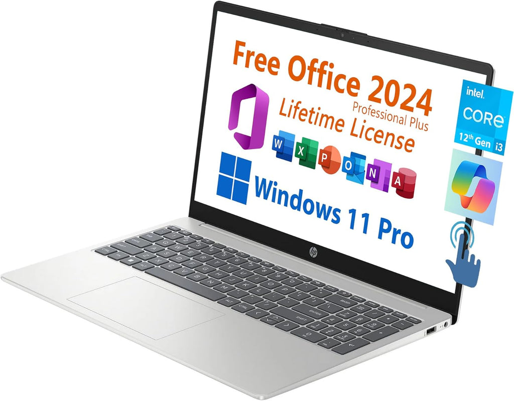 HP 15.6' Business Student Laptop, Free Microsoft Office 2024 Lifetime License, Copilot AI Chat, HD Touchscreen, Intel 6-Core i3-1215U 4.4 GHz, 16GB RAM, 512GB SSD, Long Battery Life, Windows 11 Pro
