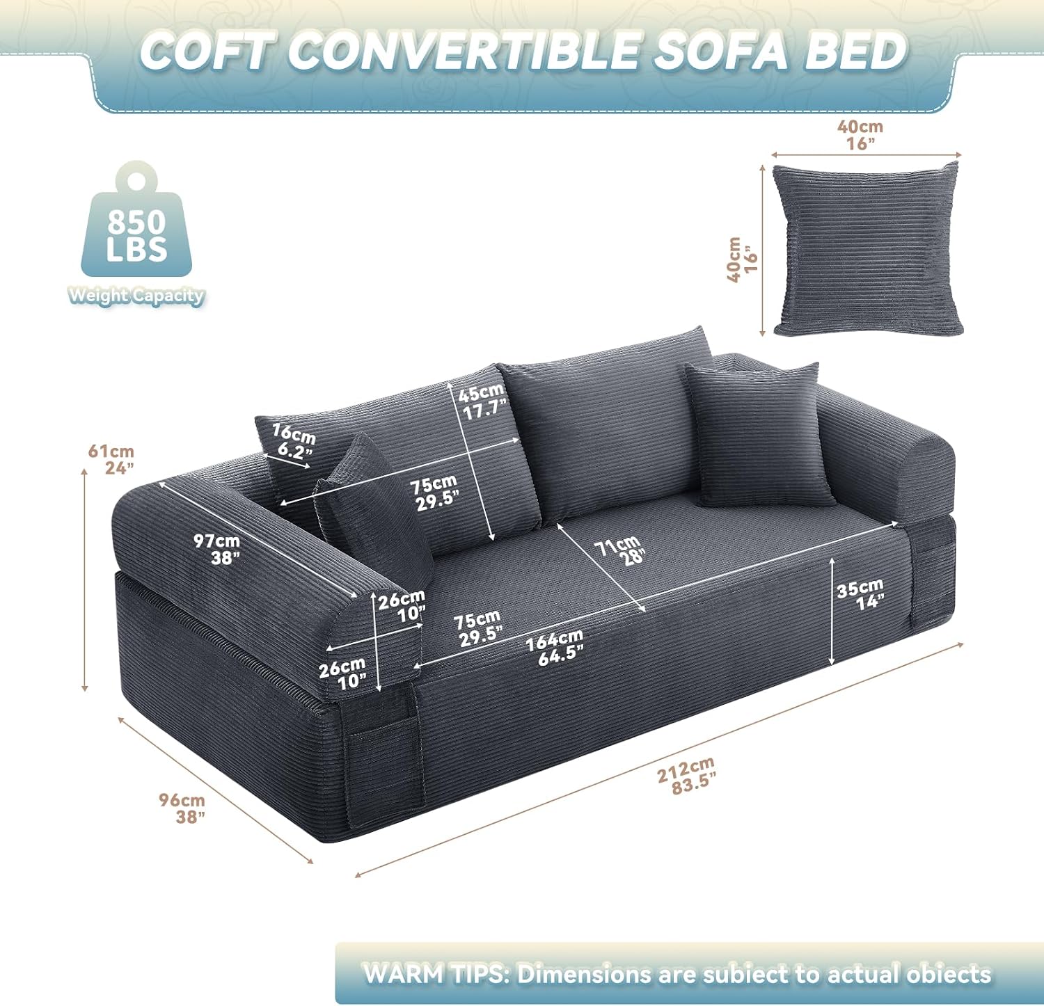 3 Seater Sofa Couch for Living Room (Grey, 38' D + 4 Pillows)