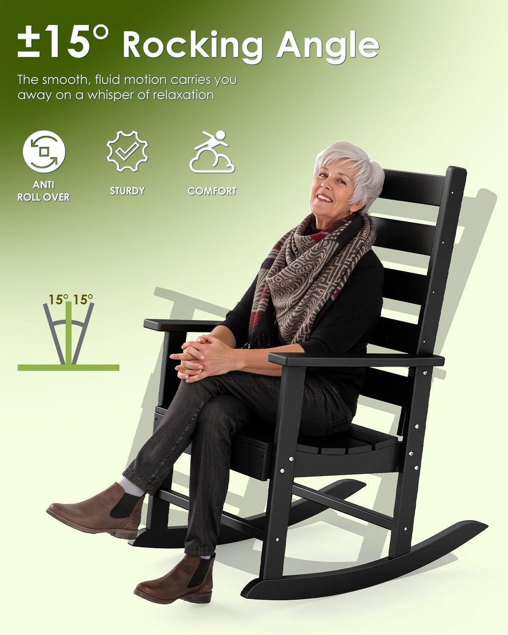 GREENVINES Outdoor-Rocking-Chairs-Set-of-2 | HDPE Plastic | Patio Rockers | Porch Rocker Chair | Shaker | Oversized | High Ladder Back | Big & Tall | PentaLuxe | Black