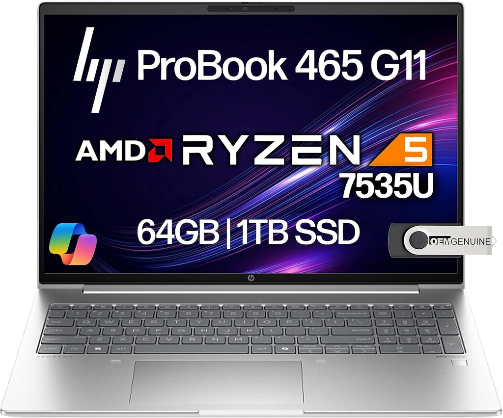 HP ProBook 465 460 G11 Business Laptop 16' FHD+ Display, AMD Ryzen 5 7535U, 64GB DDR5 RAM, 1TB NVMe, Wi-Fi 6E, RJ-45, Webcam, Backlit Keyboard, Win 11 Pro - Pike Silver Plastic