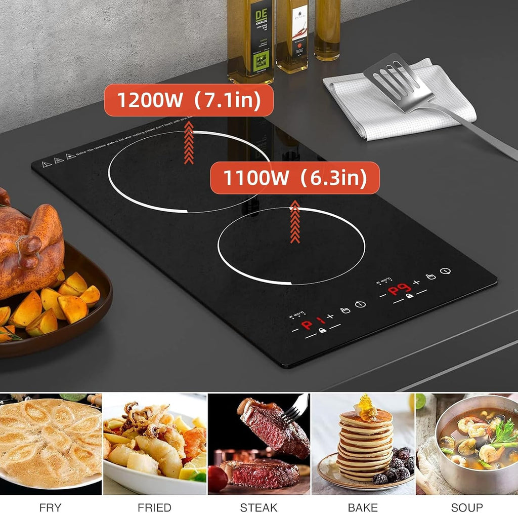Double Induction Cooktop, WABK 2300W 2 burner Induction Cooker Cooktop, 110V Countertop & Built-in Electric Cooktop with Hot Plate, LED Touch Screen & 9 Power Levels, 2-Hour Timer and Child Lock
