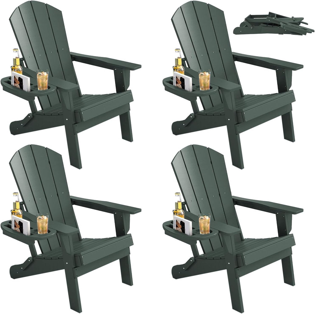 FOOWIN Folding Adirondack Chair Set of 4, HDPE Adirondack Chairs with Cup Holder, Weather Resistant Plastic Fire Pit Chairs for Outdoor, Patio, Lawn, Garden, Backyard, Deck, Green