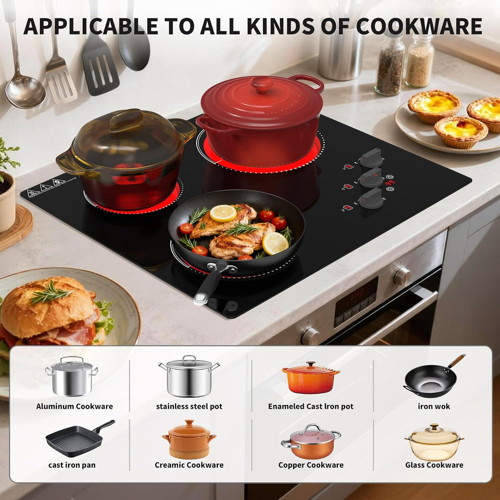 VBGK Electric Cooktop,24 inch 220V Stove Top,Touch and Knob Control,LED,9 Power Levels, Kids Lock &Timer,Overheat Protection,5000W 3 burner electric cooktop.