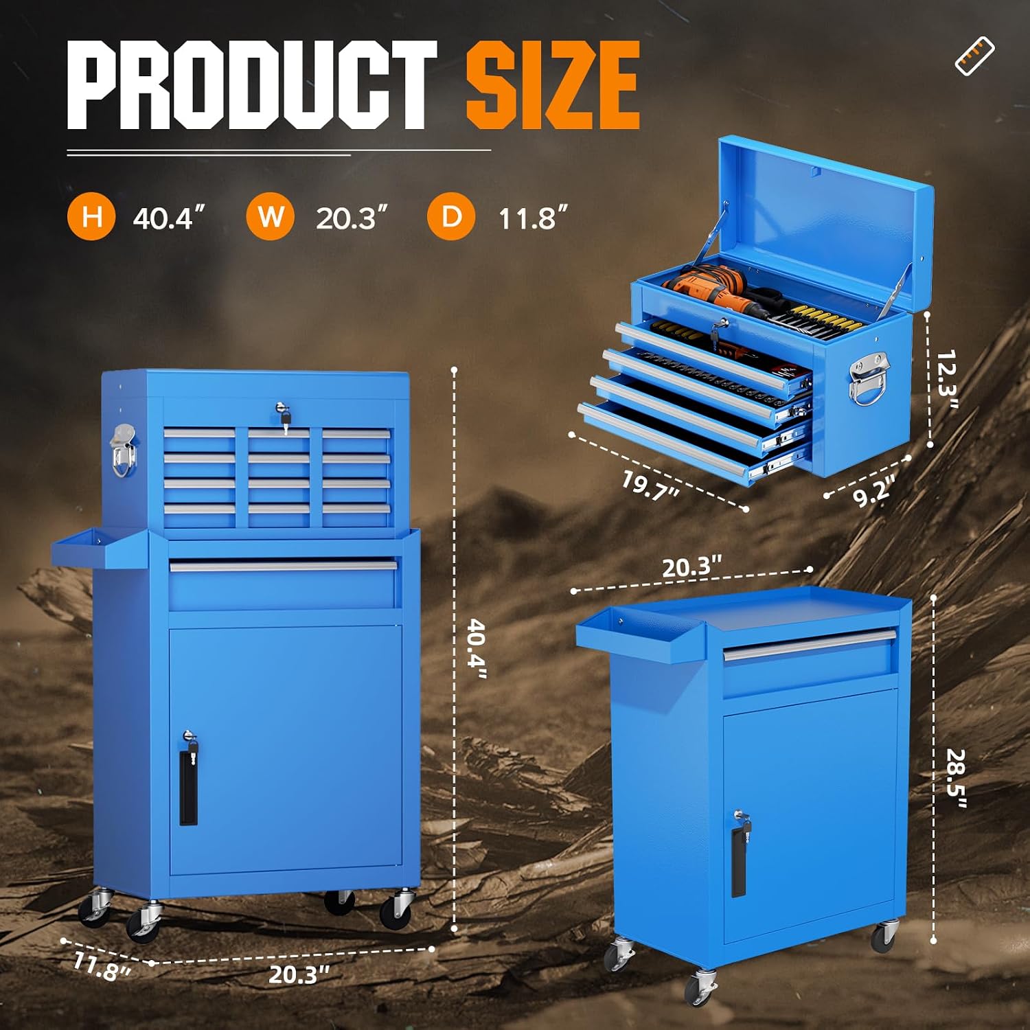 Crownland 5-Drawer Rolling Tool Chest with Wheels, Lockable 2 in 1 Detachable Tool Cabinet wit Drawers and Black Liners, Garage Top Toolbox & Bottom Storage Cart with Side Hooks(Blue)