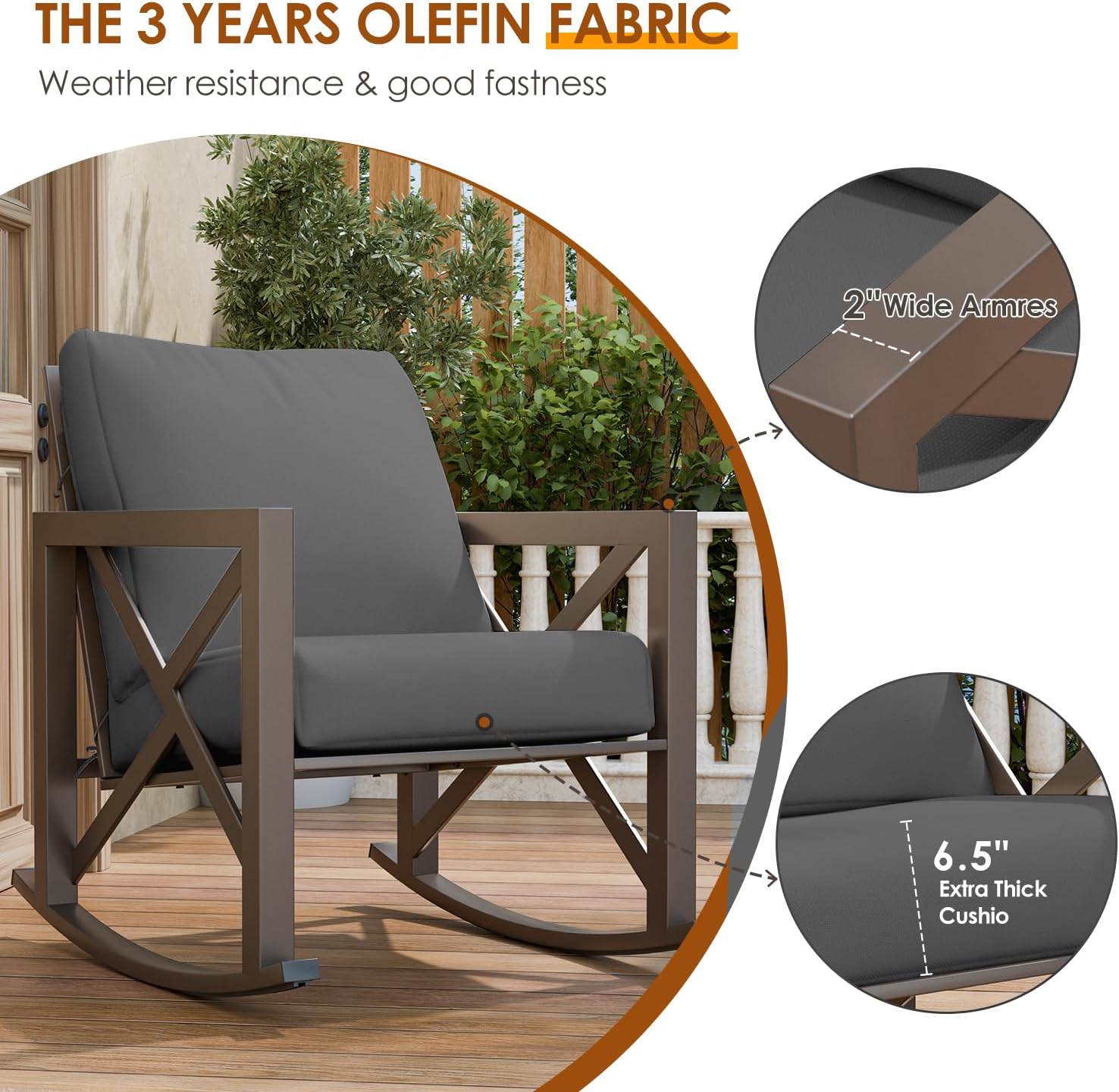 Outdoor Rocking Bistro Set, Patio Rocking Chairs Set of 2 with Coffee Table, 3 Pieces Metal Conversation Sets with 6.5' Thick Cushions for Backyard, Porch, Poolside, Oversized (Gray)
