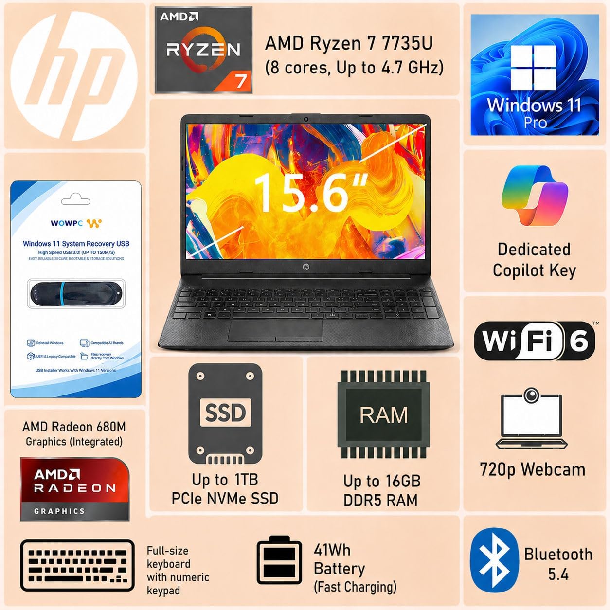 HP 255 G10 Business Laptop • AMD Ryzen 7 7735U • 15.6' FHD IPS Display • Dedicated Copilot Key • 16GB DDR5 RAM • 256GB SSD • HDMI • Wi-Fi 6 • BT 5.4 • Fast Charging • Windows 11 Pro • WOWPC USB