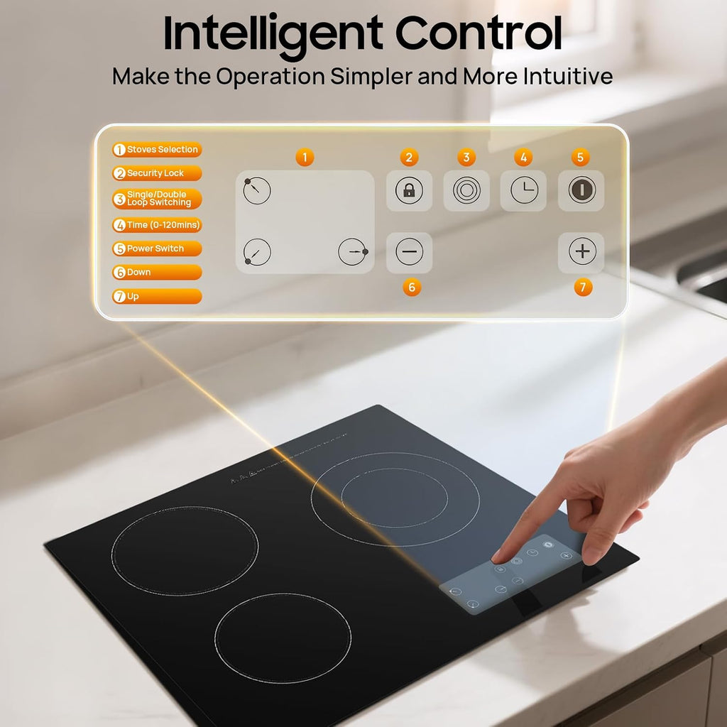 Electric Ceramic Cooktop, 24inch 3 Burners Electric Cooktop with Time Adjustable Function 9 Heating Levels Electric Stove Top