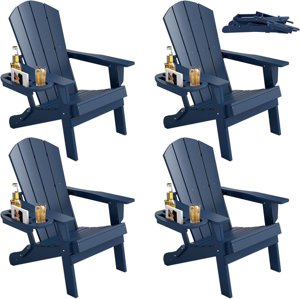 FOOWIN Folding Adirondack Chair Set of 4, HDPE Adirondack Chairs with Cup Holder, Weather Resistant Plastic Fire Pit Chairs for Outdoor, Patio, Lawn, Garden, Backyard, Deck, Dark Blue