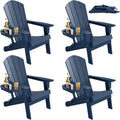 FOOWIN Folding Adirondack Chair Set of 4, HDPE Adirondack Chairs with Cup Holder, Weather Resistant Plastic Fire Pit Chairs for Outdoor, Patio, Lawn, Garden, Backyard, Deck, Dark Blue