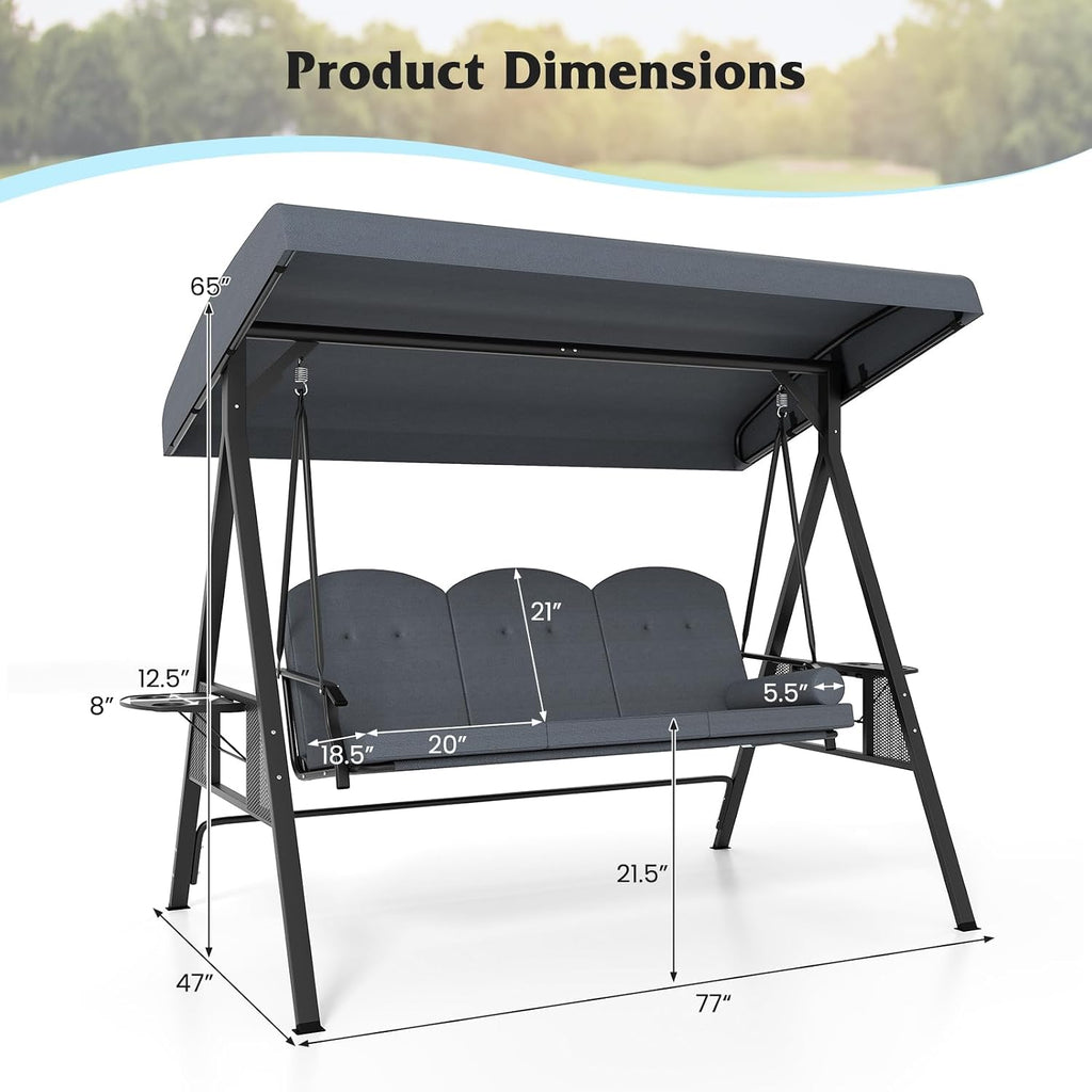 Tangkula 3 Person Porch Swing, Outdoor Swing with Adjustable Canopy, Thickened Cushions & Pillow, Metal Frame, Foldable Side Tray for Backyard, Garden and Poolside (Grey)