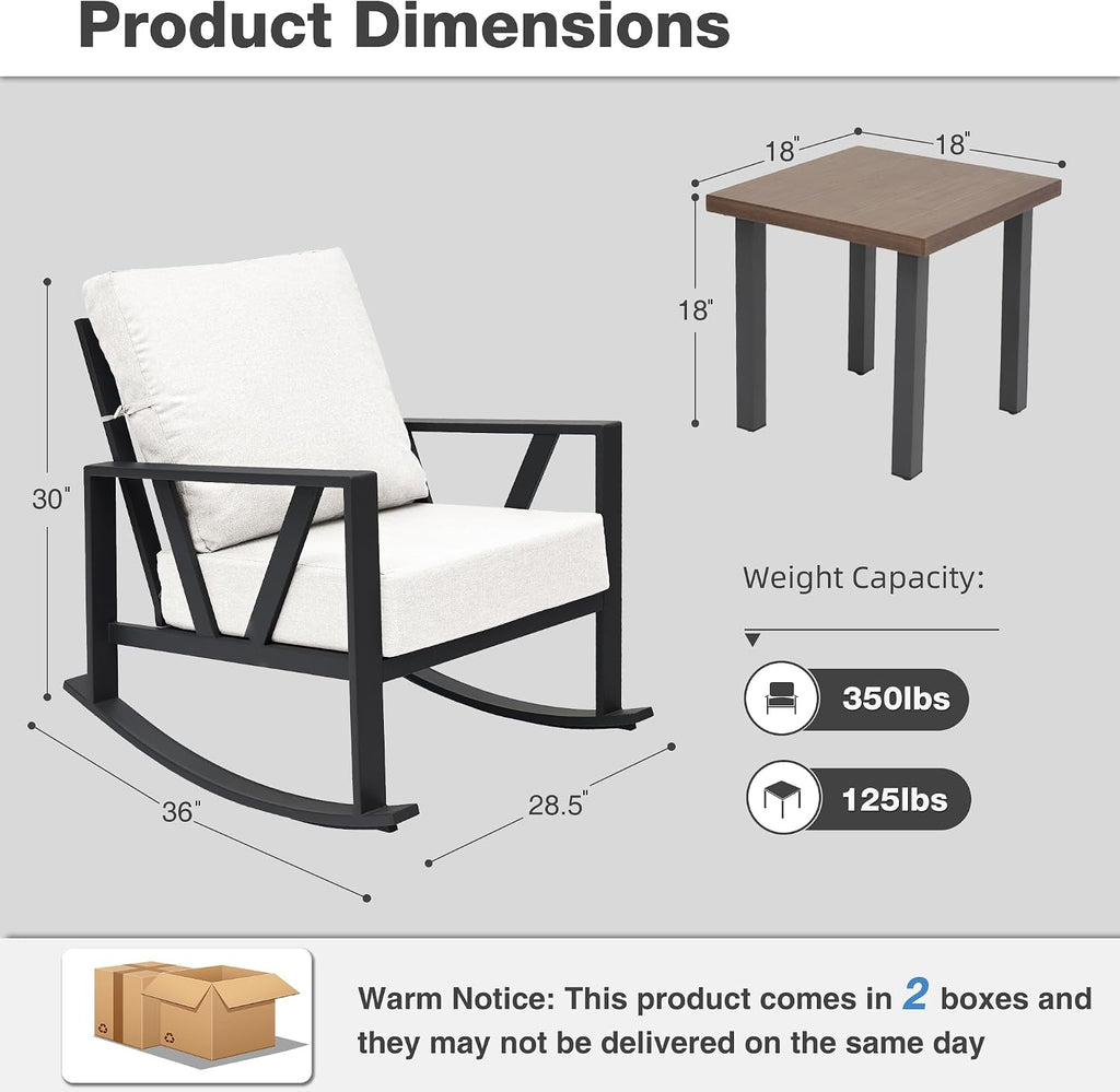 Outdoor Patio Rocking Chairs Set of 2, 3 Pieces Patio Porch Furniture Set with 6' Thick Cushions, Outdoor Bistro Set with Coffee Table,White