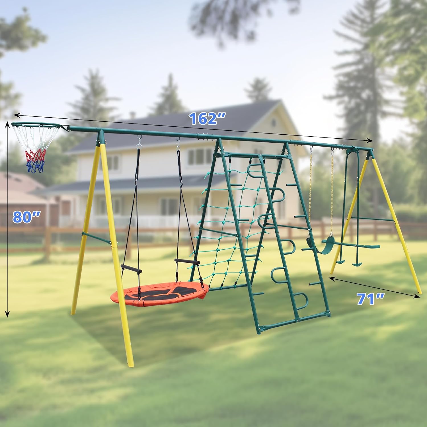 Metal Swing Sets for Kids Backyard, 6-in-1 Heavy Duty Metal Swingset with Climbing Frame, Net, Glider, Hammock Swing, Belt Swing & Basketball Rim, 700LB A-Frame Outdoor Playground for Ages 3-12