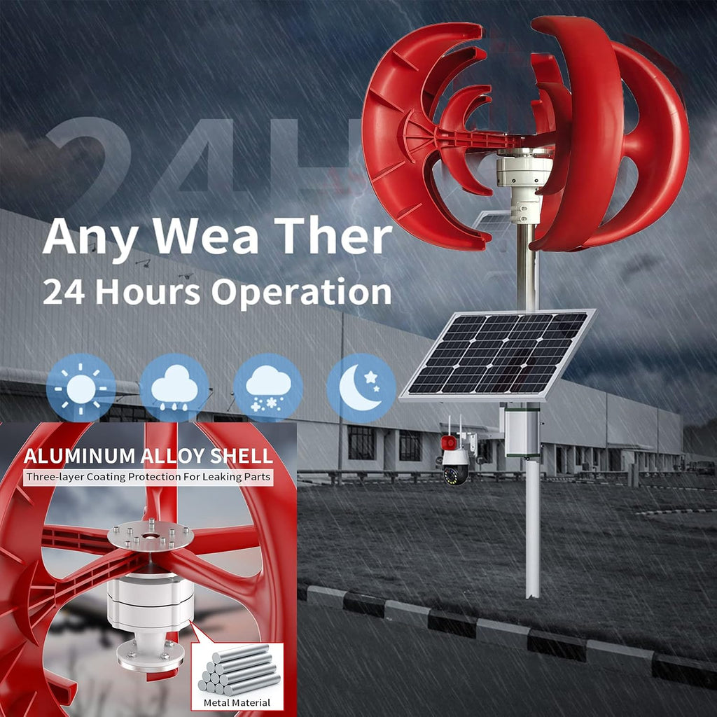 12V 24V 48V White 5 Blades Vertical Wind Turbine Generator+3000W Permanent Magnet Lantern Vertical Wind Turbine Kit with Controller for Home(Red)