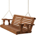 Amish Casual Heavy Duty 700 Lb Capacity Porch Swing with Cup Holders (5 Foot, Oak Stain) – Wooden Outdoor Roll Back Swing with Hanging Chains – Amish Made in the USA